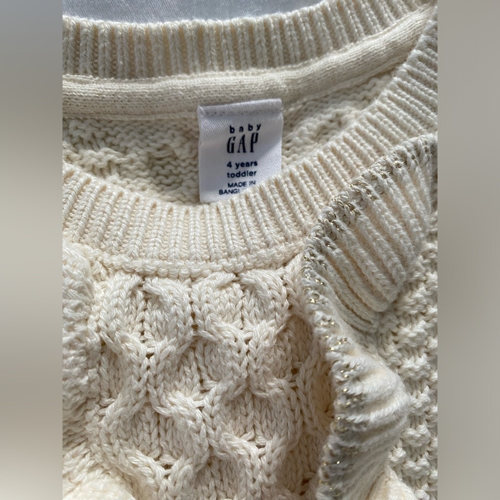 BabyGAP girl size 4 sweater Cream Gold Metallic Textured Knit Sweater ruffle hem - Picture 4 of 15
